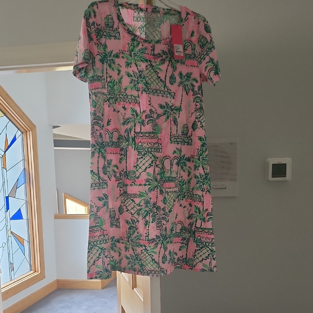 Lilly Pulitzer Pink & Green Palm-Print Short Sleeve Mini Dress